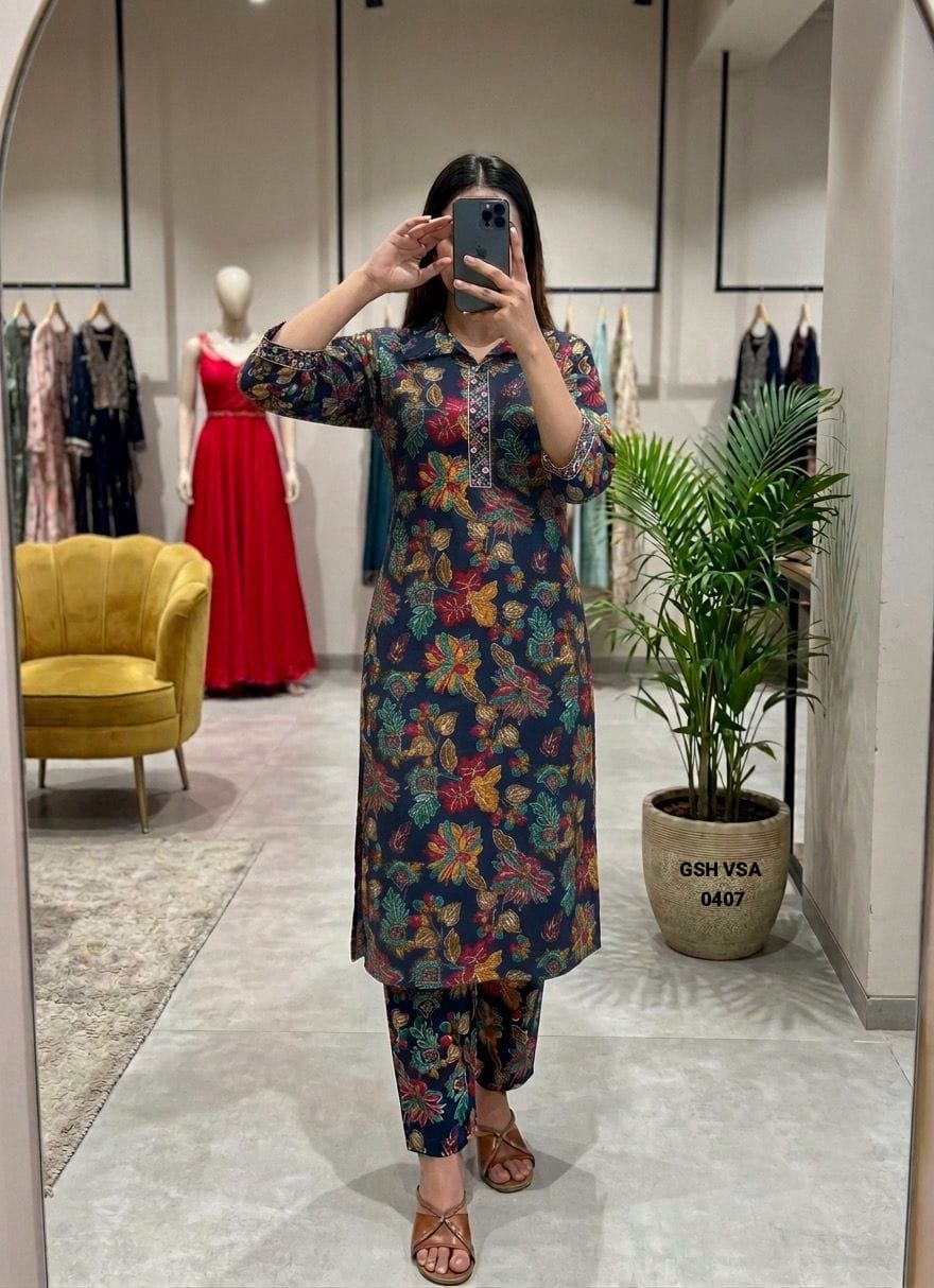 Navy Blue Floral Printed Cotton Classic Kurta Set